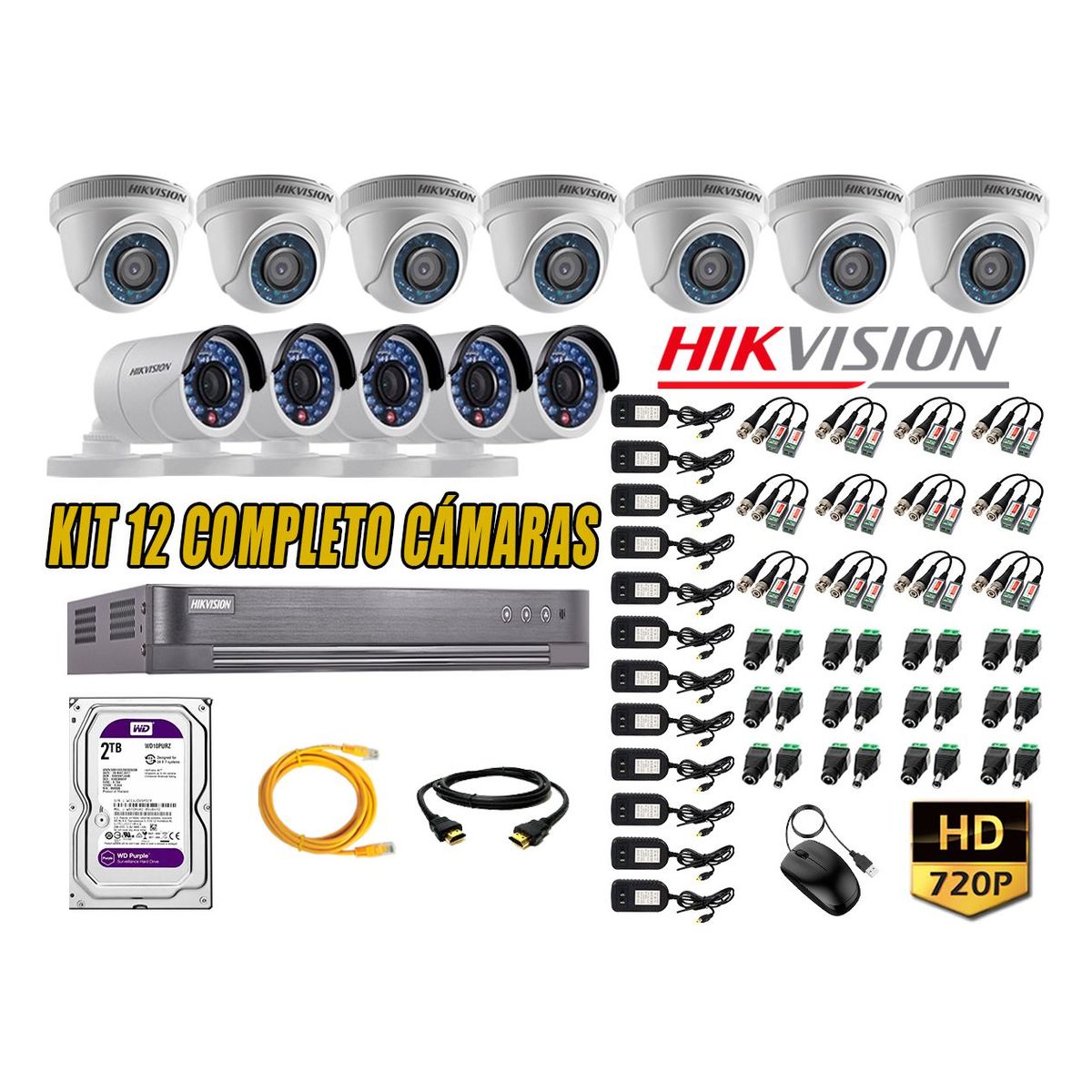HIKVISION - Kit 12 Cámaras de Seguridad HD 720p 2TB Vigilancia + Kit de Herramientas Gratis