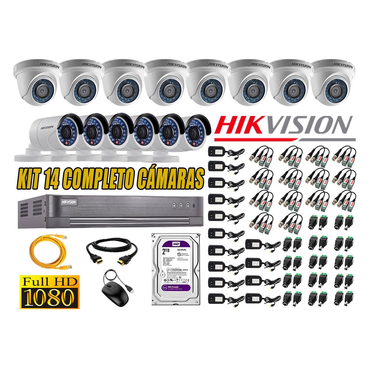 HIKVISION - Kit 14 Cámaras de Seguridad Full HD 1080p Disco 2TB Vigilancia + Kit de Herramientas Gratis