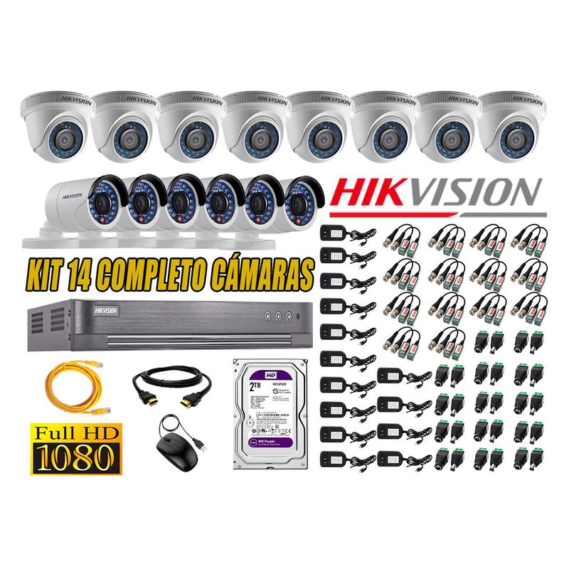 HIKVISION - Kit 14 Cámaras de Seguridad Full HD 1080p Disco 2TB Vigilancia + Kit de Herramientas Gratis