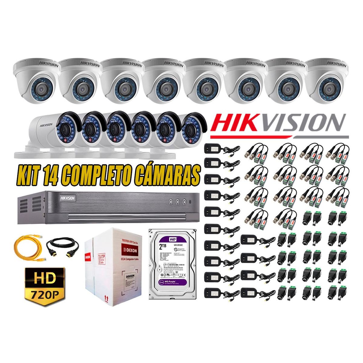 HIKVISION - Kit 14 Cámaras de Seguridad HD 720 Disco 2TB Vigilancia + Kit de Herramientas Gratis