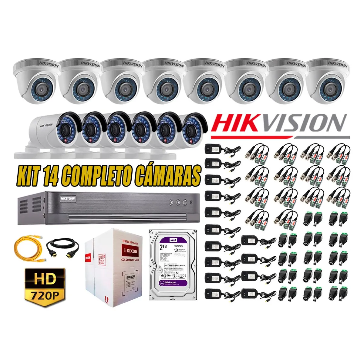 HIKVISION - Kit 14 Cámaras de Seguridad HD 720 Disco 2TB Vigilancia + Kit de Herramientas Gratis