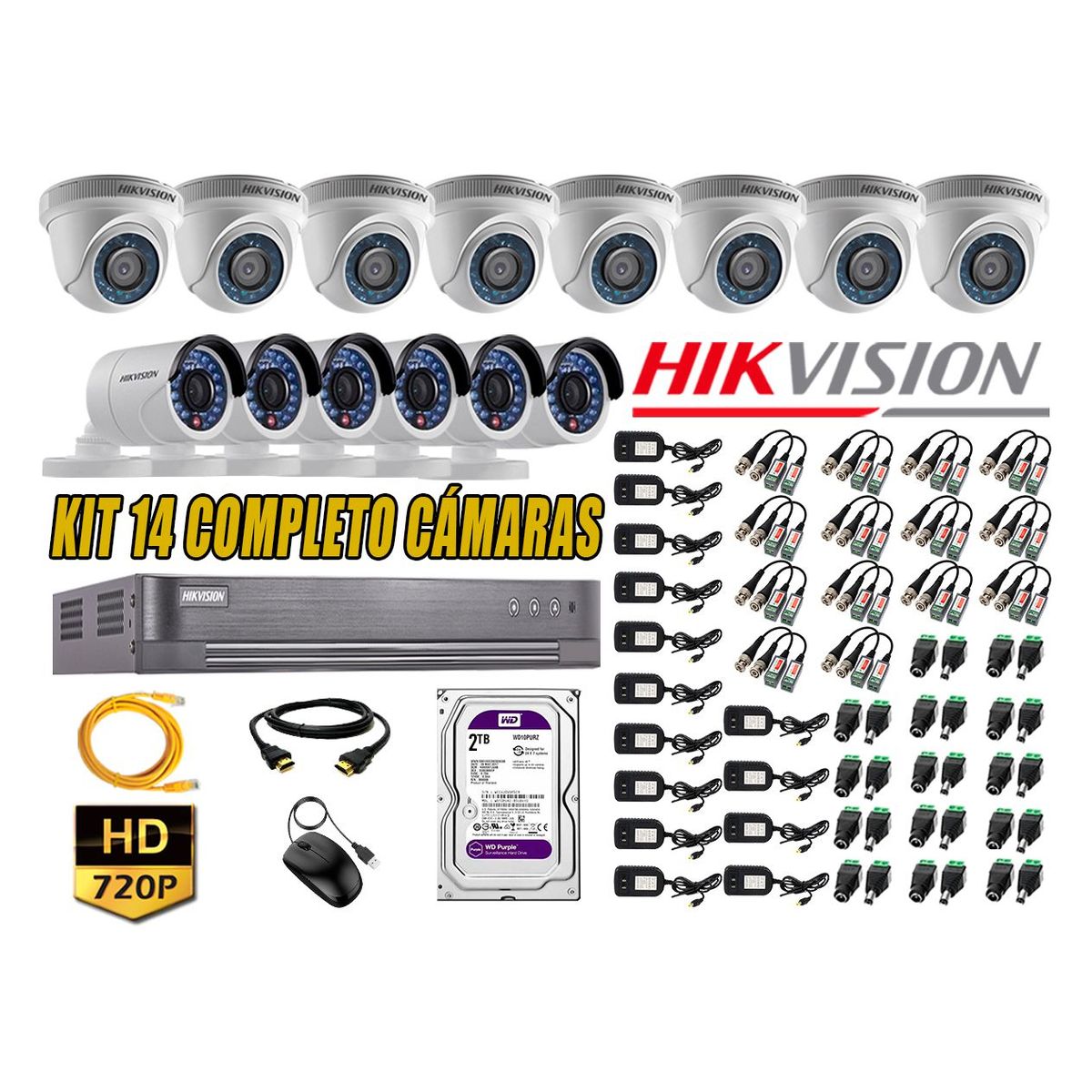 HIKVISION - Kit 14 Cámaras de Seguridad HD 720p 2TB Vigilancia + Kit de Herramientas Gratis