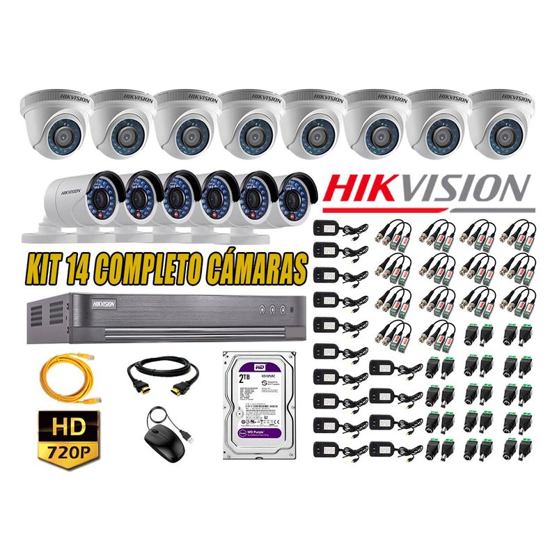 HIKVISION - Kit 14 Cámaras de Seguridad HD 720p 2TB Vigilancia + Kit de Herramientas Gratis