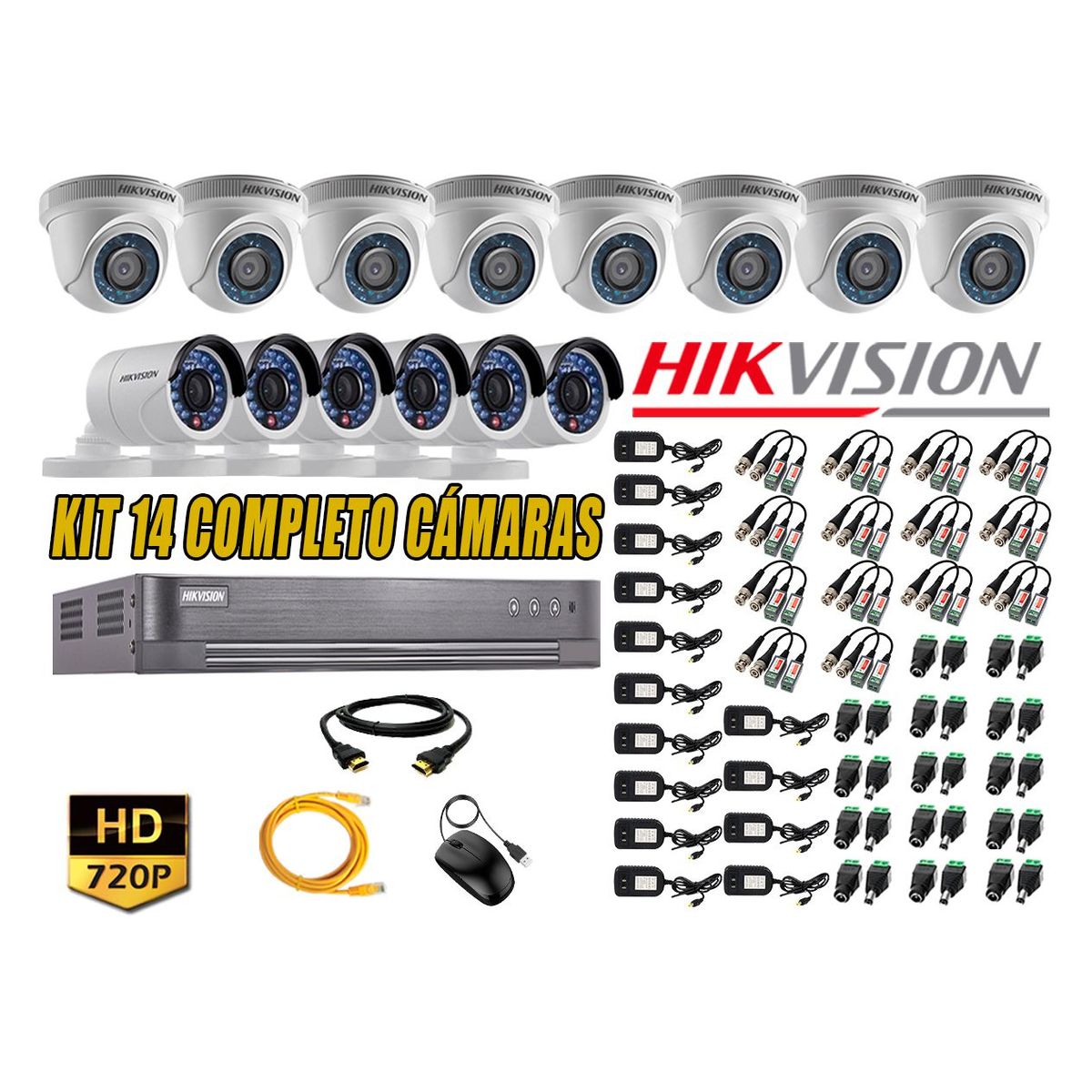 HIKVISION - Kit 14 Cámaras de Seguridad HD 720p P2P Vigilancia + Kit de Herramientas Gratis