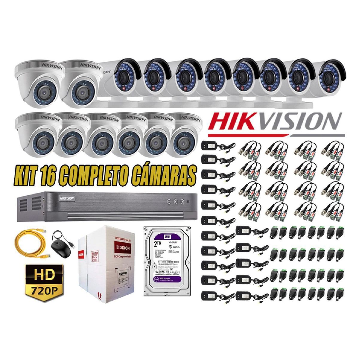 HIKVISION - Kit 16 Cámaras de Seguridad HD 720p Disco 2TB Vigilancia + Kit de Herramientas