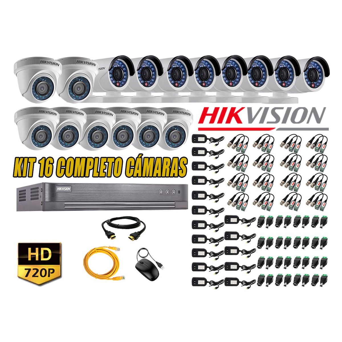 HIKVISION - Kit 16 Cámaras de Seguridad HD 720p P2P Vigilancia + Kit de Herramientas Gratis
