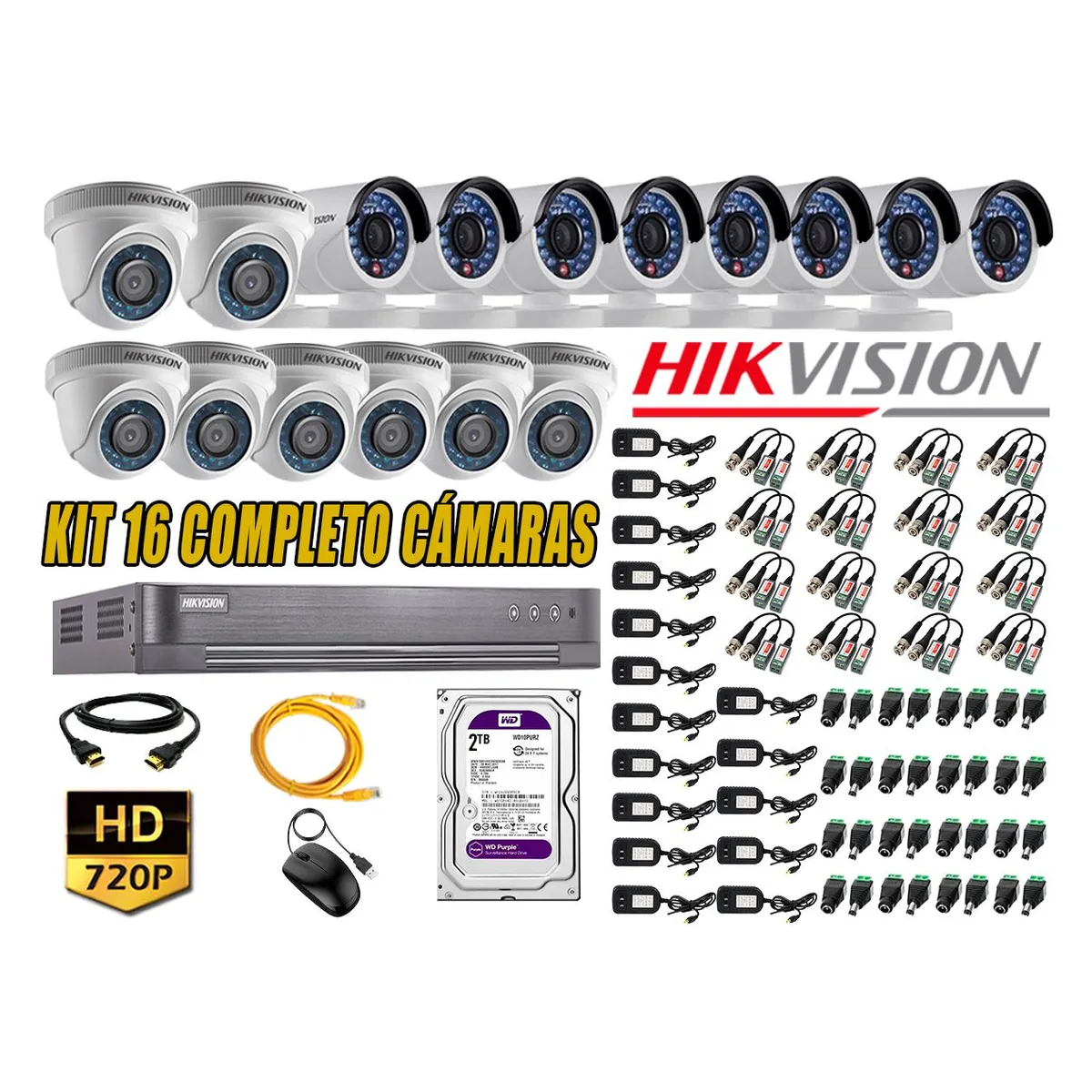 HIKVISION - Kit 16 Cámaras de Seguridad HD 720p 2TB Vigilancia + Kit de Herramientas Gratis
