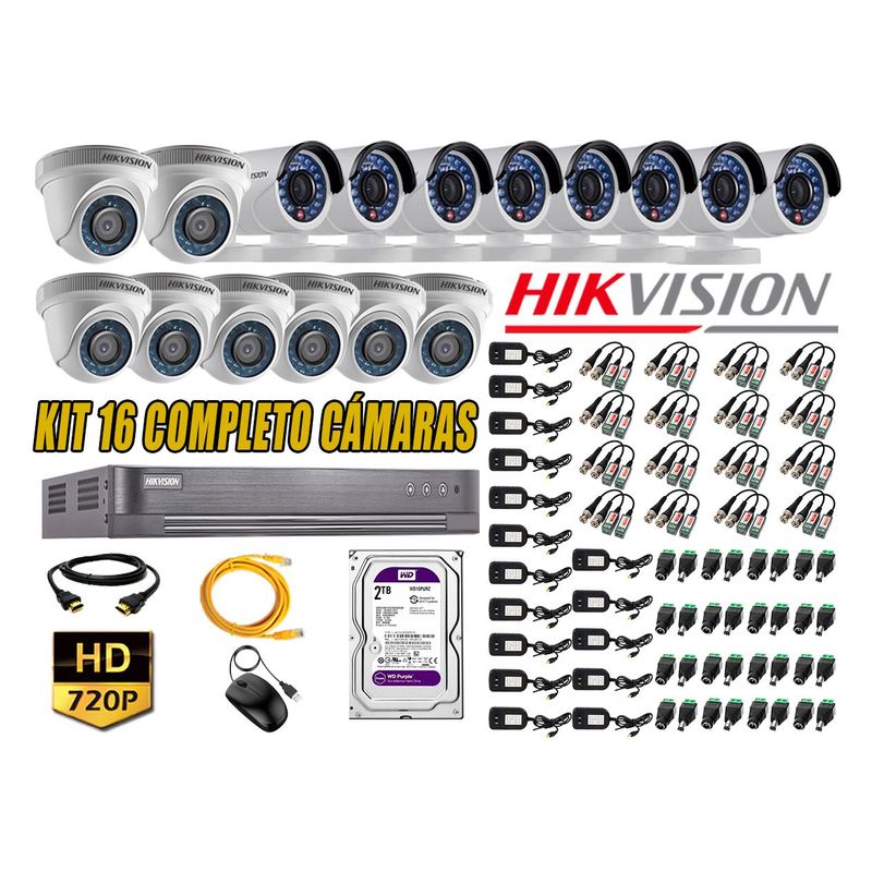 HIKVISION - Kit 16 Cámaras de Seguridad HD 720p 2TB Vigilancia + Kit de Herramientas Gratis