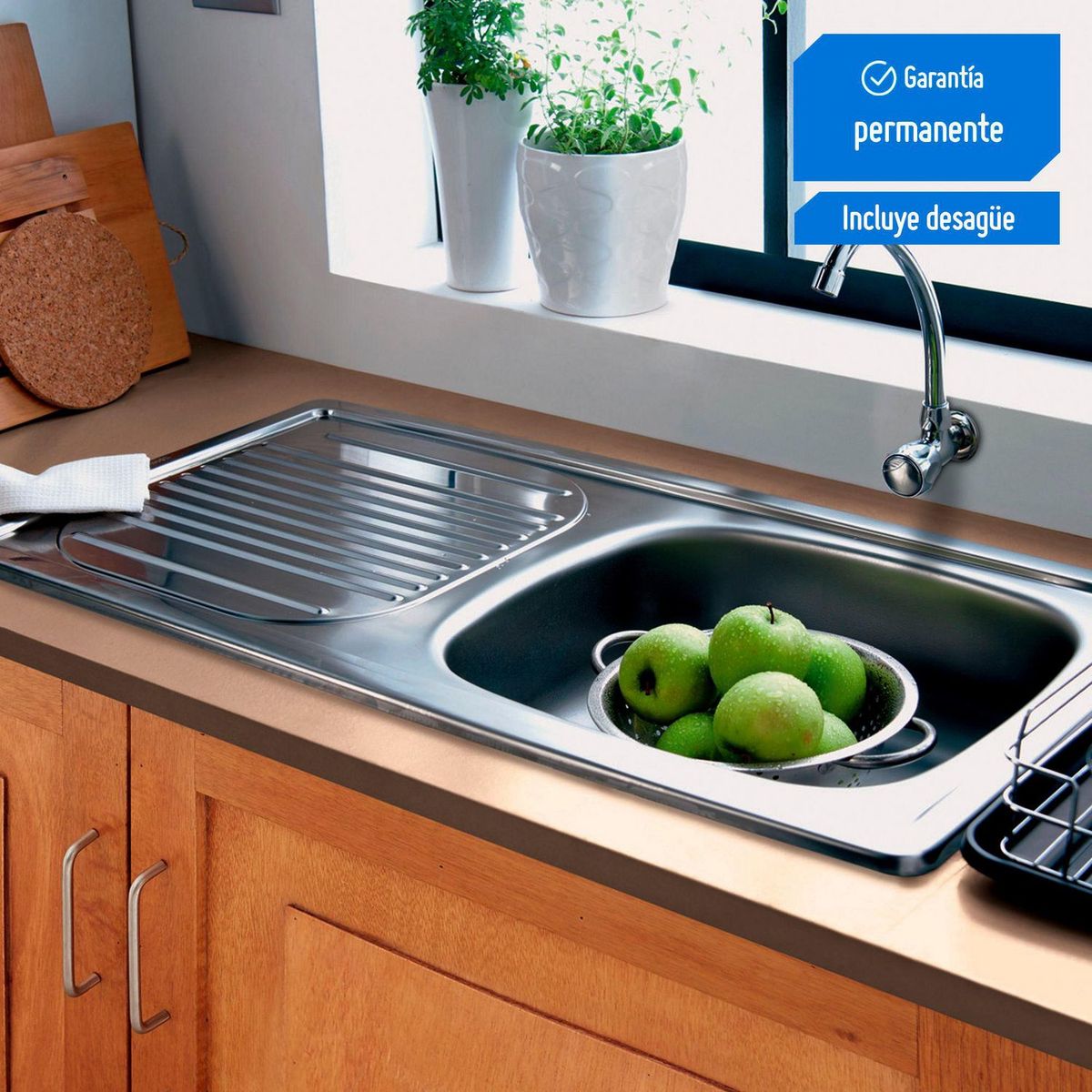 SENSI DACQUA - Lavadero de Cocina Acero Inoxidable 1 Poza con Escurridor 89.3x46cm