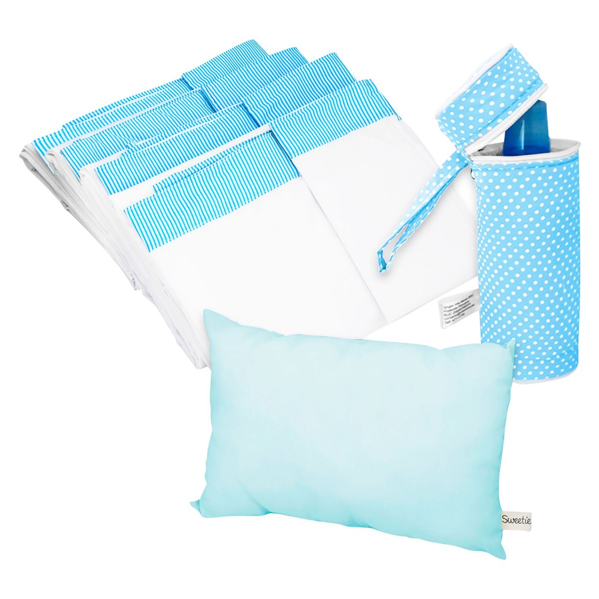SWEETIE - Pack Juego de Sábanas para Cuna + Almohada + Portabiberón Huellitas Celeste