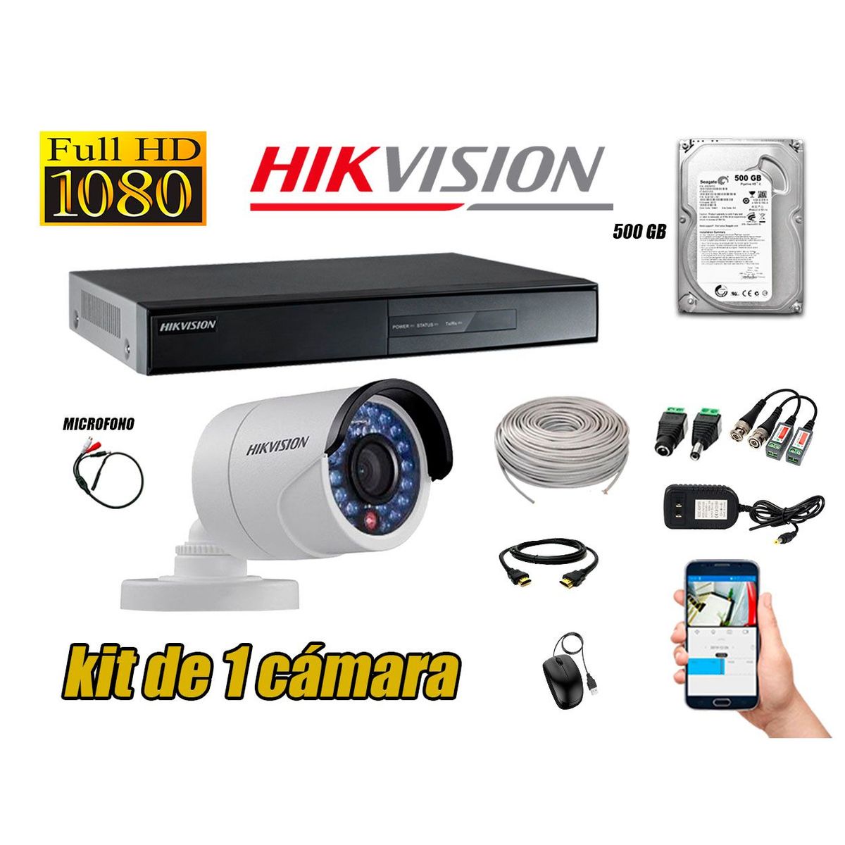HIKVISION - Kit Cámara de Seguridad Full HD 1080p Disco 500GB Vigilancia + Kit de Micrófono