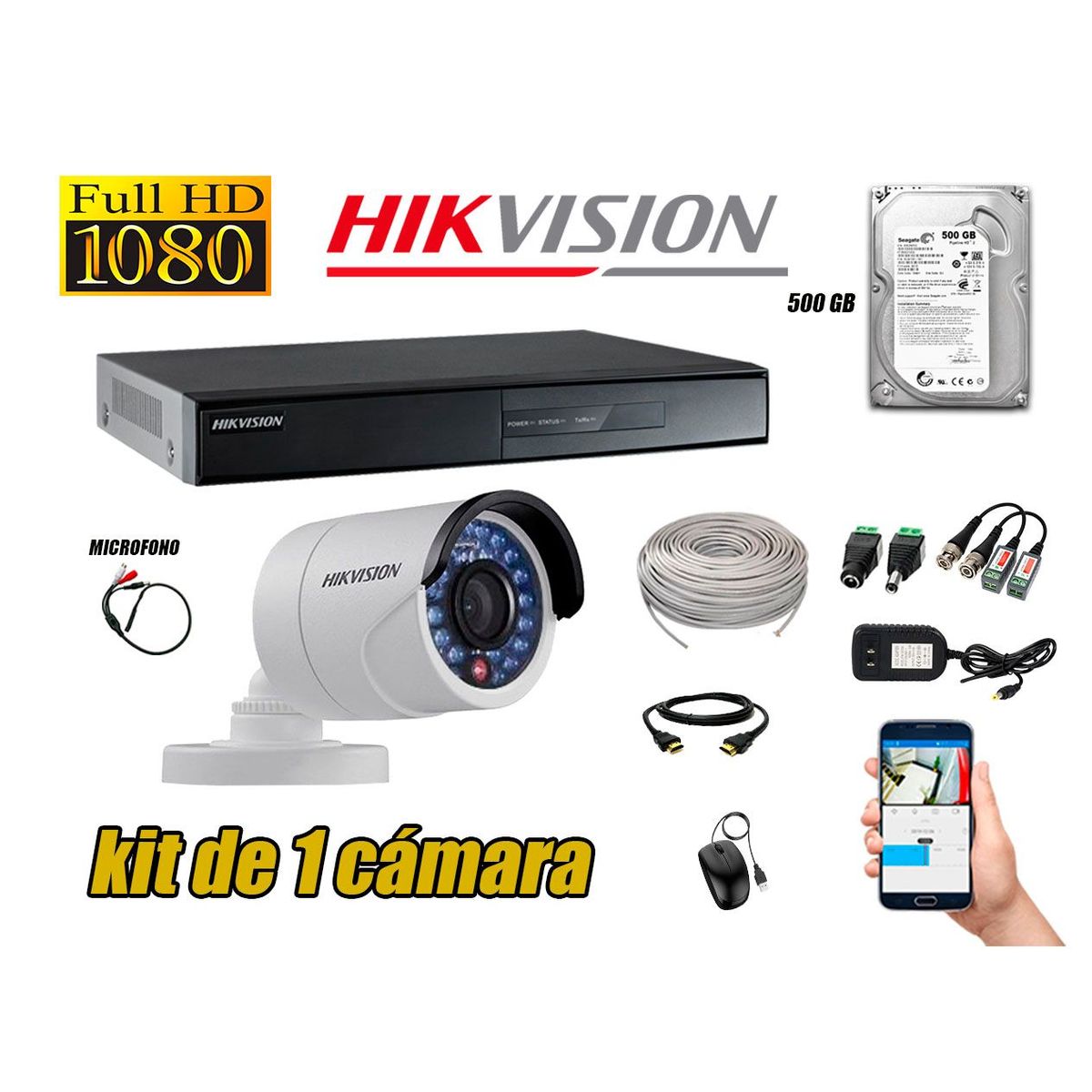 HIKVISION - Kit Cámara de Seguridad Full HD 1080p Disco 500GB Vigilancia + Kit de Micrófono