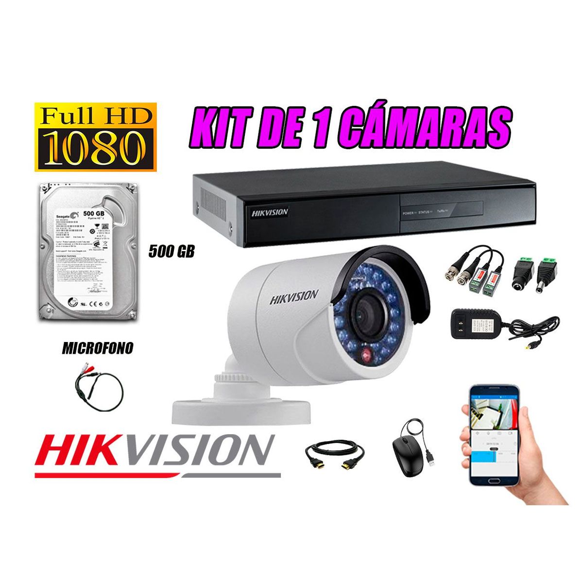 HIKVISION - Kit Cámara de Seguridad Full HD 1080P Disco 500GB Vigilancia + Kit de Micrófono