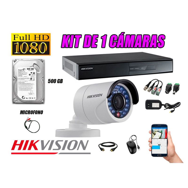 HIKVISION - Kit C?mara de Seguridad Full HD 1080P Disco 500GB Vigilancia + Kit de Micr?fono
