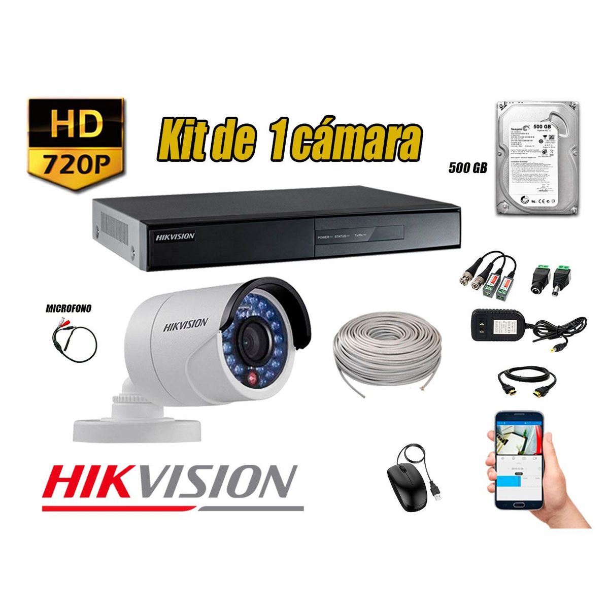 HIKVISION - Kit 1 Cámara de Seguridad HD 720P P2P Disco 500GB Vigilancia + Kit de Micrófono