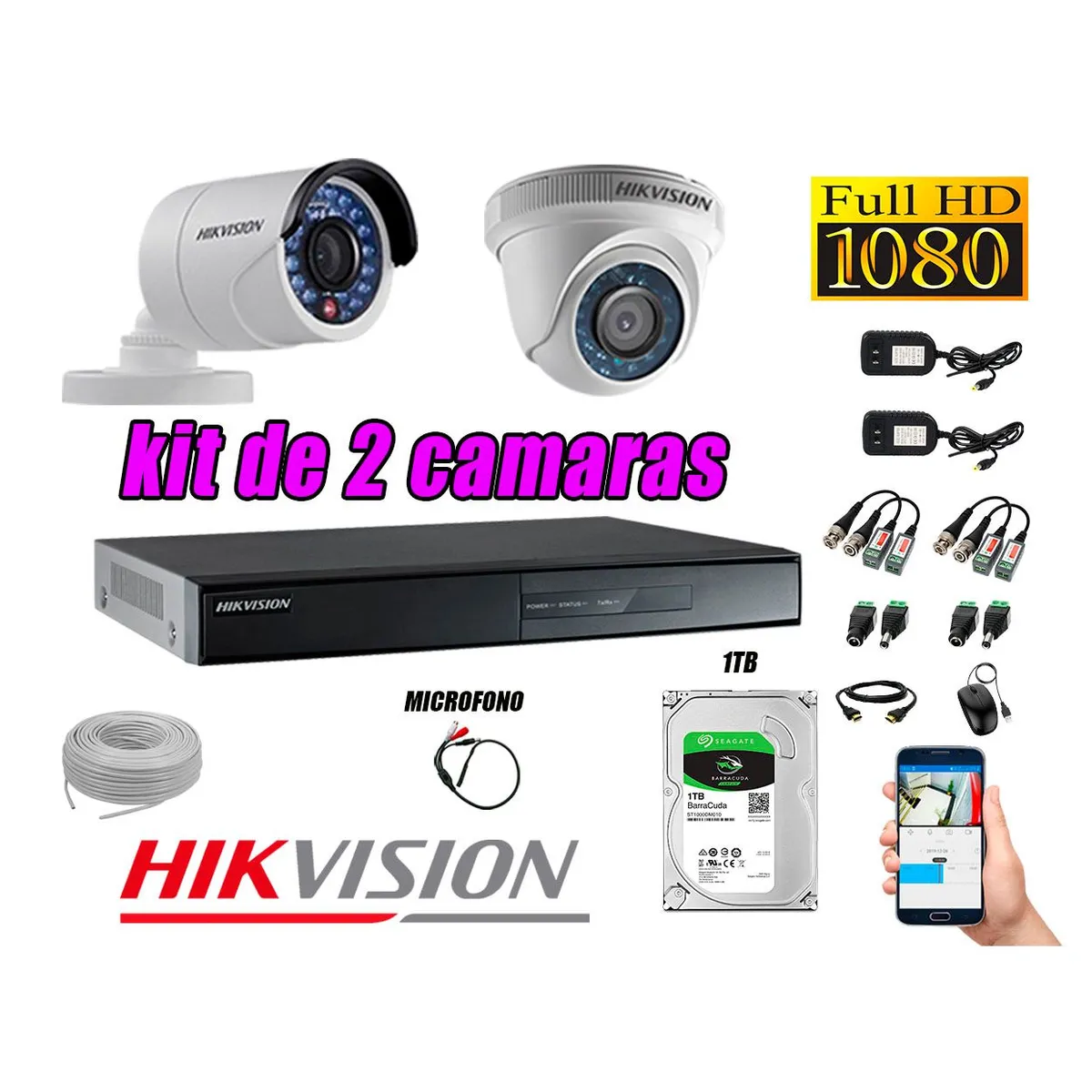 HIKVISION - Kit 2 Cámaras de Seguridad Full HD 1080P 1TB Vigilancia + Kit de Micrófono