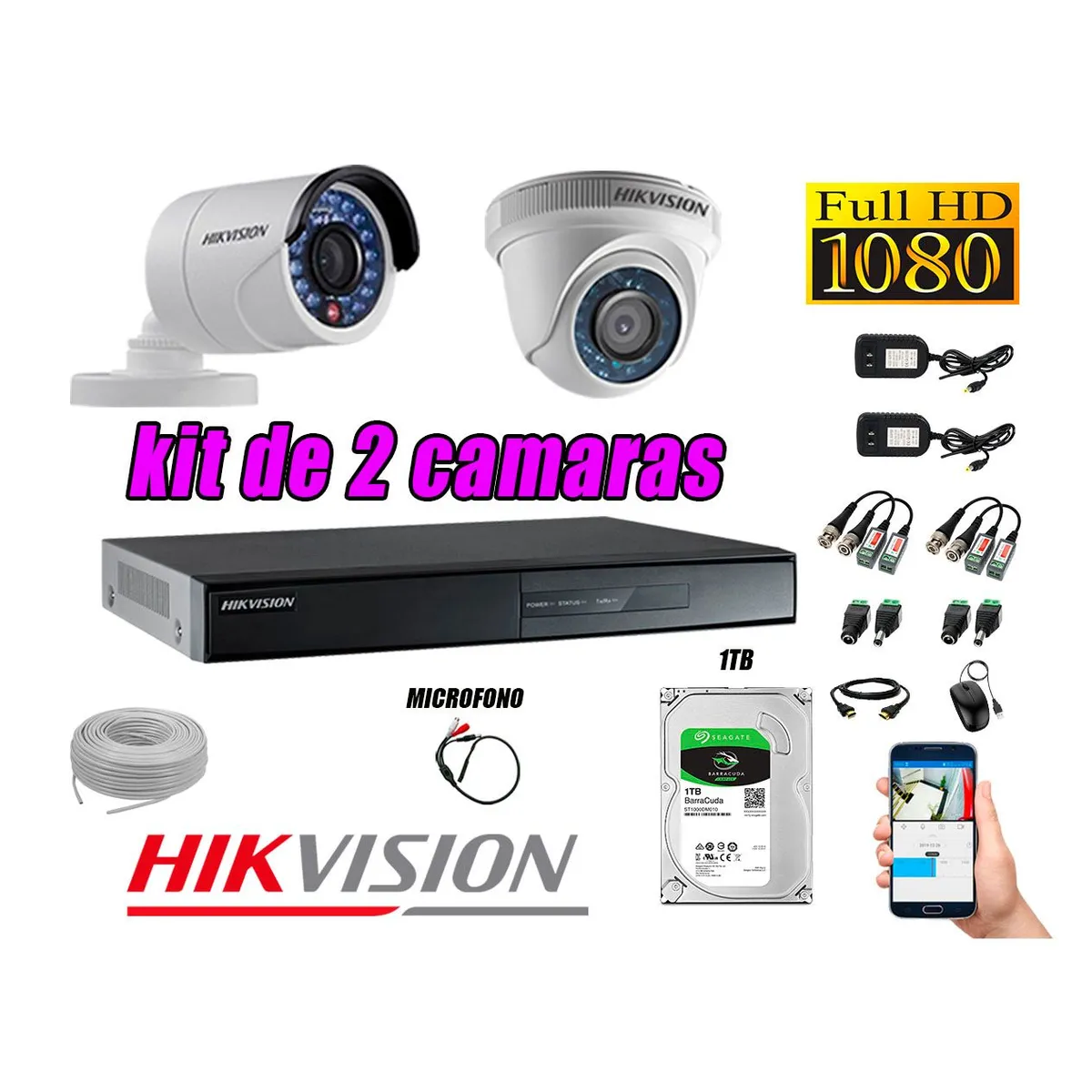 HIKVISION - Kit 2 Cámaras de Seguridad Full HD 1080P 1TB Vigilancia + Kit de Micrófono