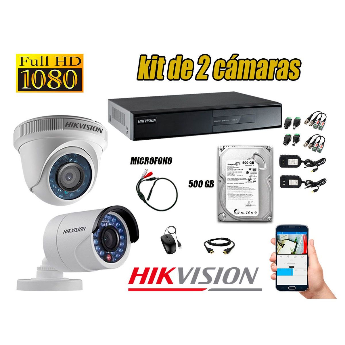 HIKVISION - Kit 2 Cámaras de Seguridad Full HD 1080P Disco 500GB Vigilancia + Kit Micrófono
