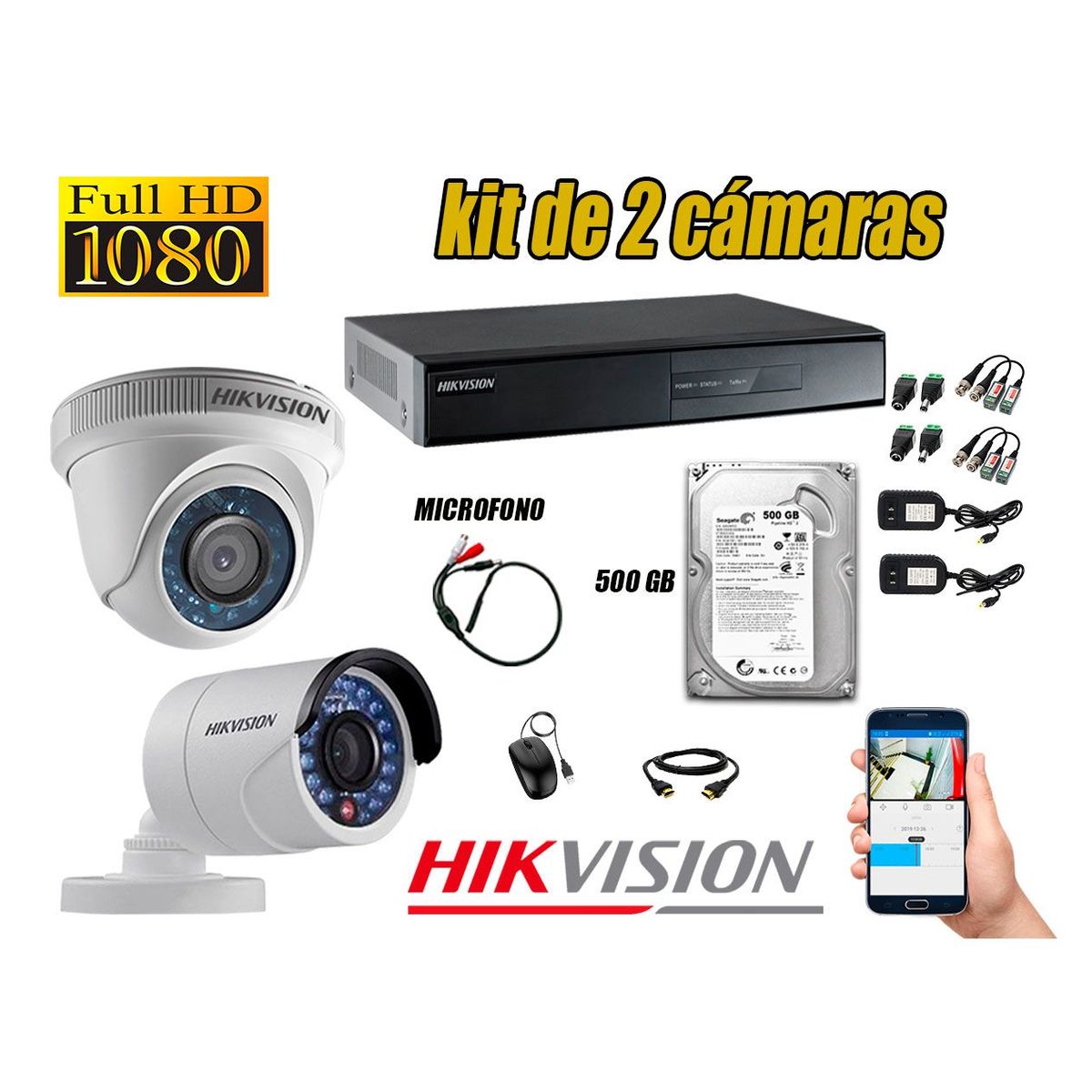 HIKVISION - Kit 2 Cámaras de Seguridad Full HD 1080P Disco 500GB Vigilancia + Kit Micrófono