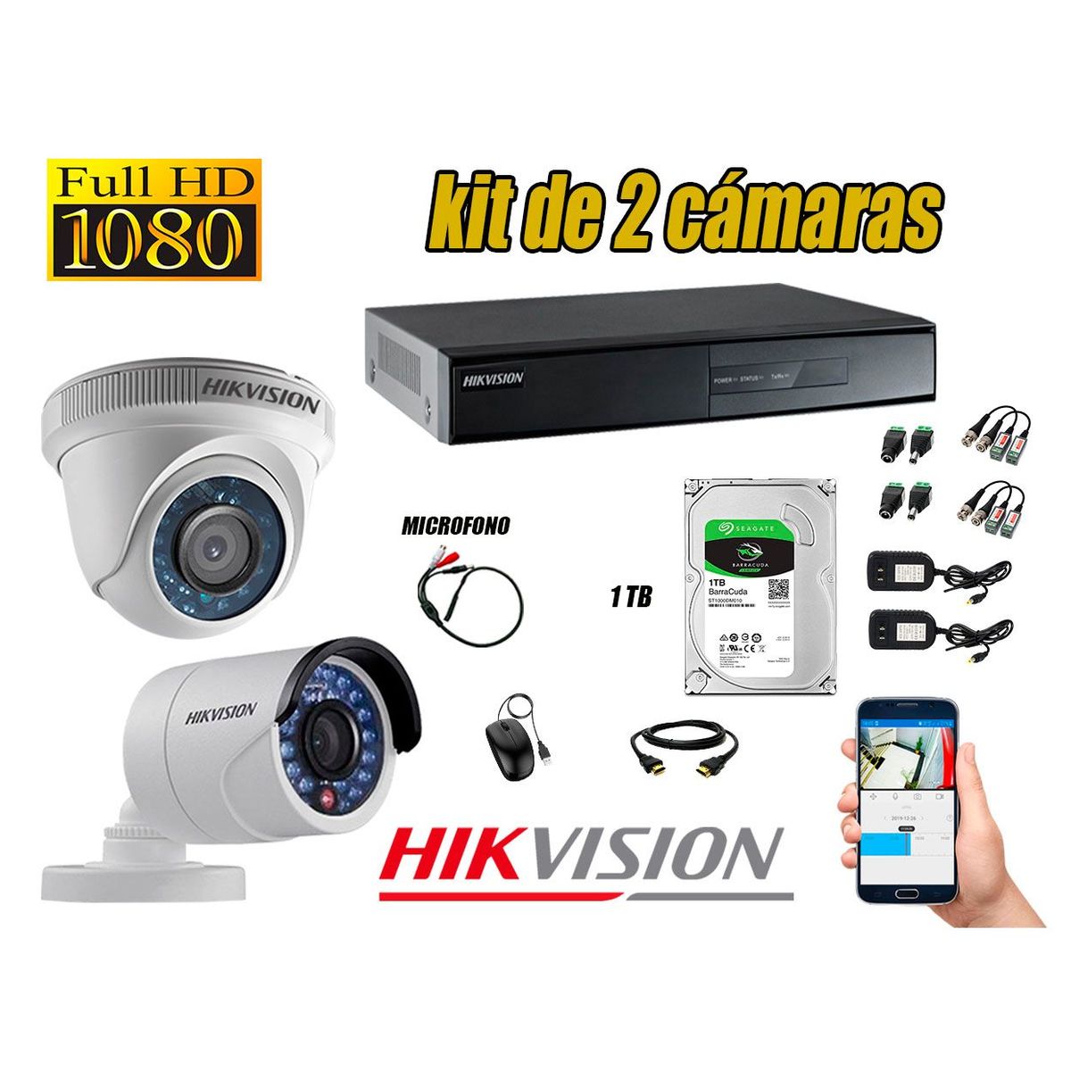 HIKVISION - Kit 2 Cámaras de Seguridad Full HD 1080P Disco 1TB Vigilancia + Kit de Micrófono