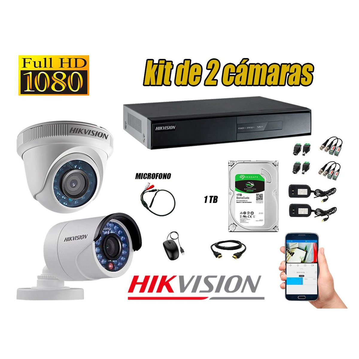 HIKVISION - Kit 2 Cámaras de Seguridad Full HD 1080P Disco 1TB Vigilancia + Kit de Micrófono