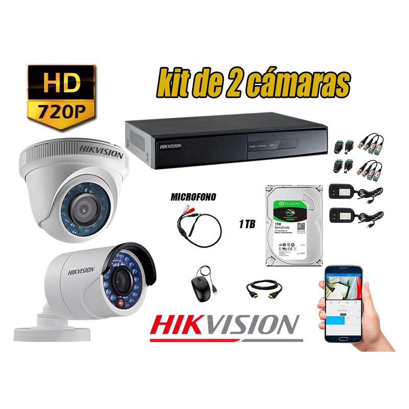 HIKVISION - Kit 2 Cámaras de Seguridad HD 720P Disco 1TB Vigilancia + Kit de Micrófono