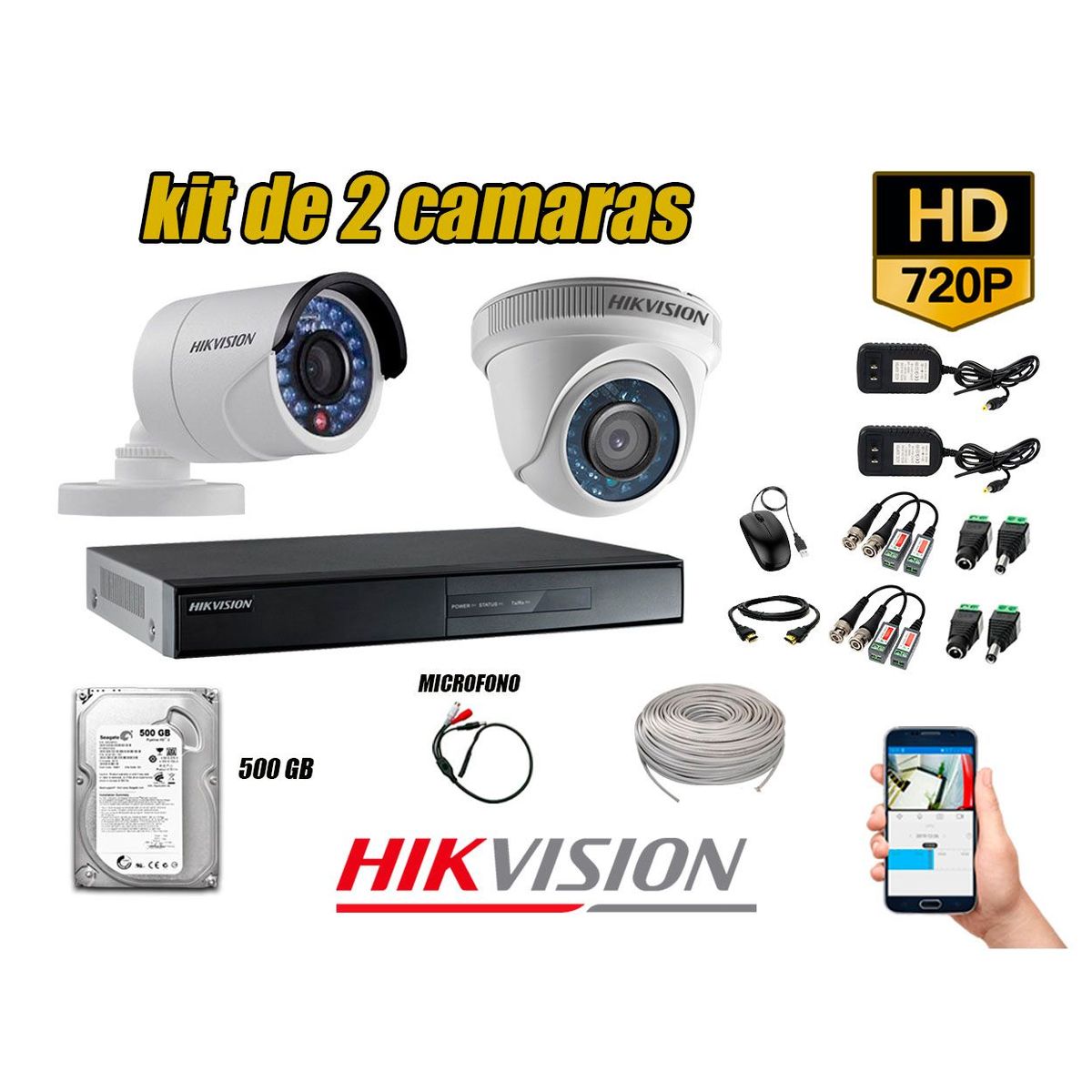 HIKVISION - Kit 2 Cámaras de Seguridad HD 720P 500GB Vigilancia + Kit de Micrófono