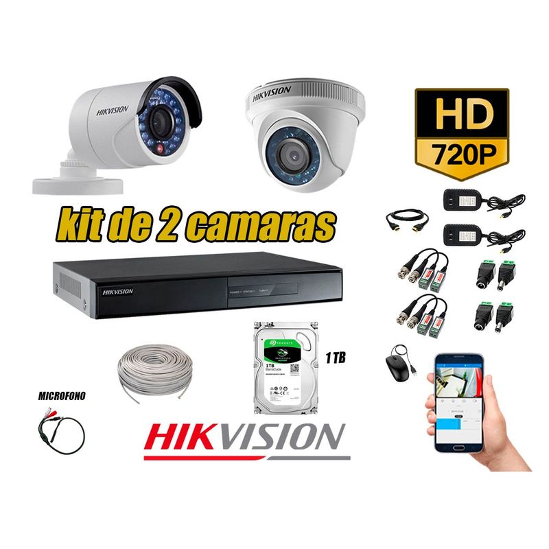 HIKVISION - Kit 2 Cámaras de Seguridad HD 720P 1TB Vigilancia + Kit de Micrófono