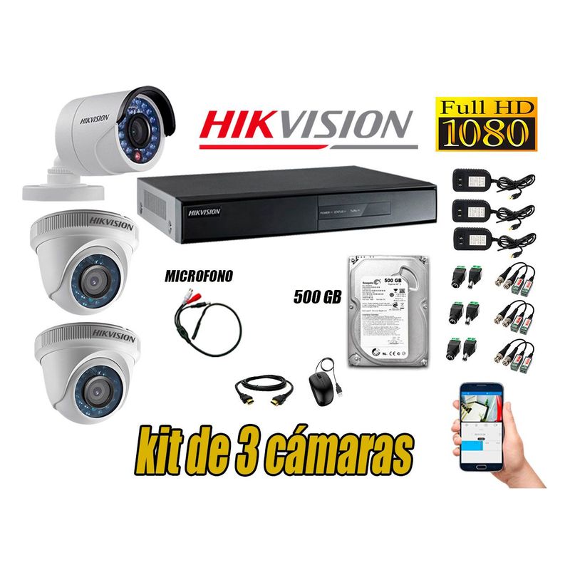 HIKVISION - Kit 3 Cámaras de Seguridad Full HD 1080p 500GB Vigilancia + Kit de Micrófono