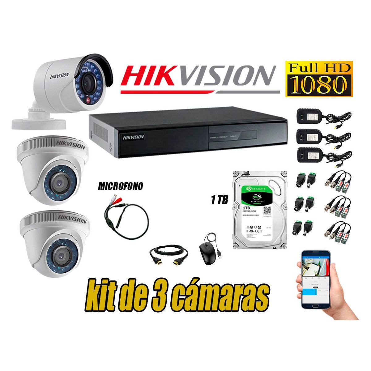 HIKVISION - Kit 3 Cámaras de Seguridad Full HD 1080P 1TB Vigilancia + Kit de Micrófono