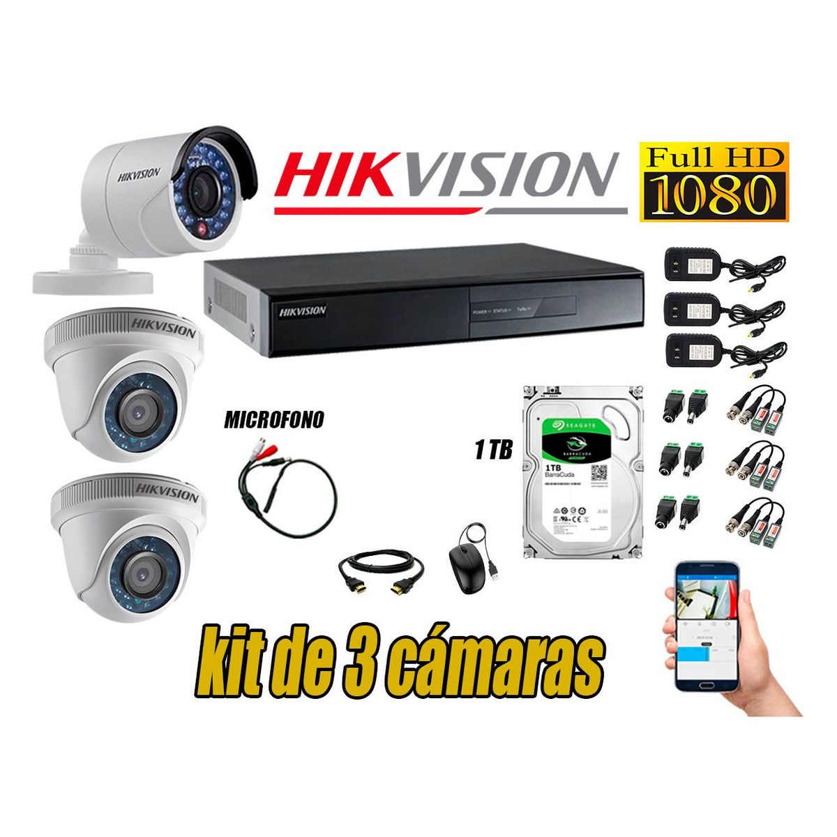 HIKVISION - Kit 3 Cámaras de Seguridad Full HD 1080P 1TB Vigilancia + Kit de Micrófono