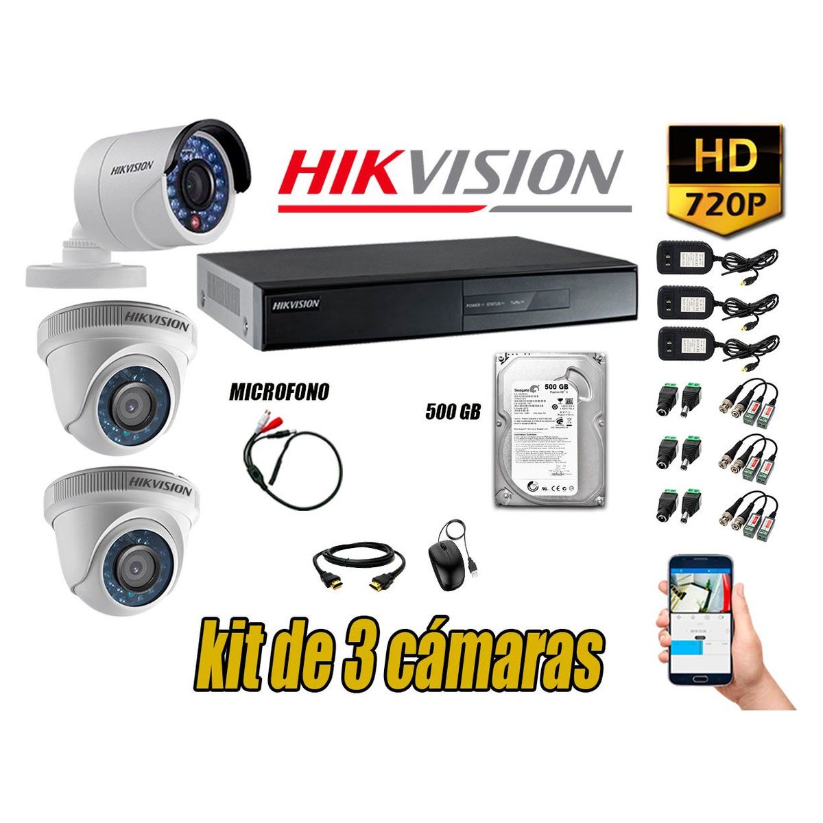 HIKVISION - Kit 3 Cámaras de Seguridad HD 720P 500GB Vigilancia + Kit de Micrófono