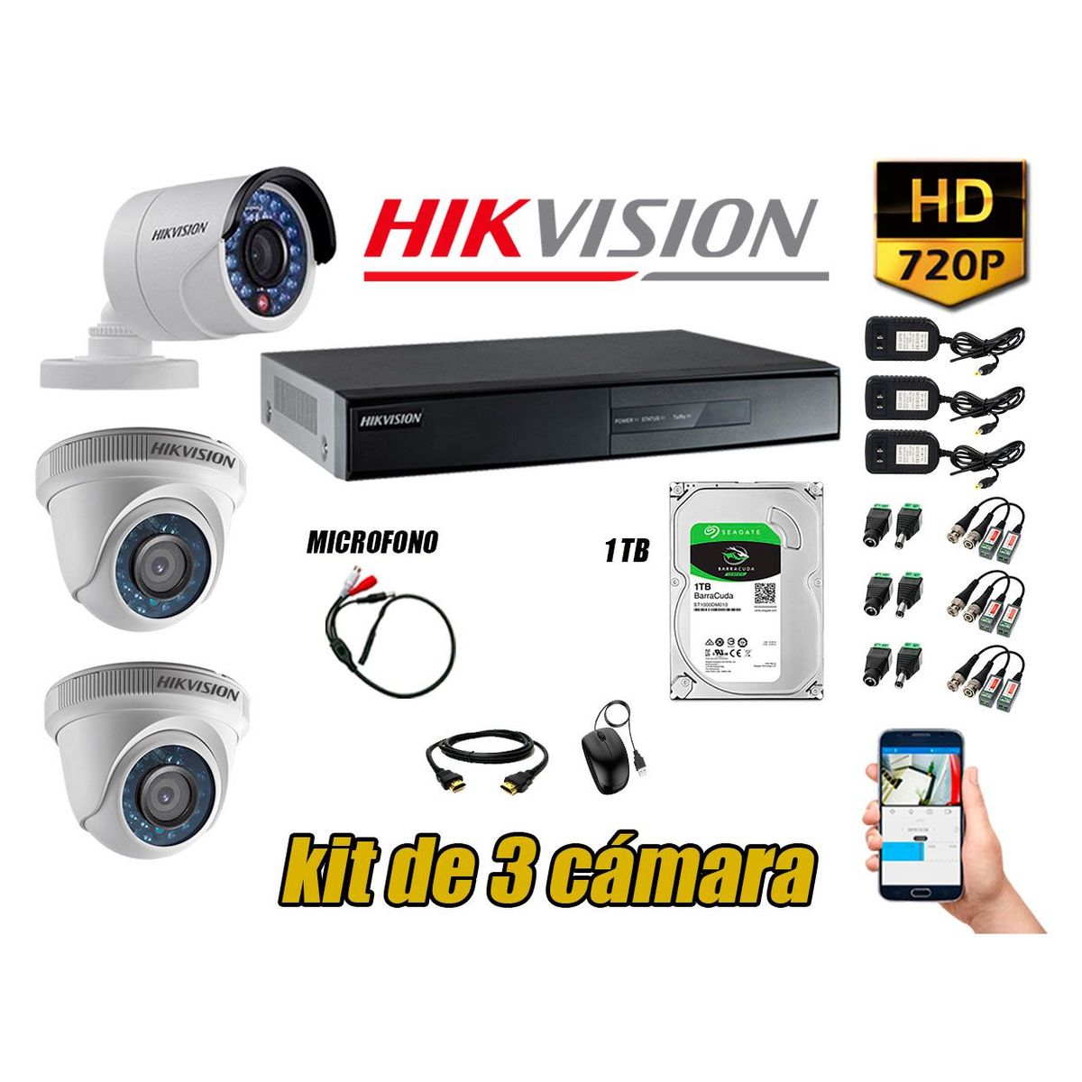 HIKVISION - Kit 3 Cámaras de Seguridad HD 720P 1TB Vigilancia + Kit de Micrófono