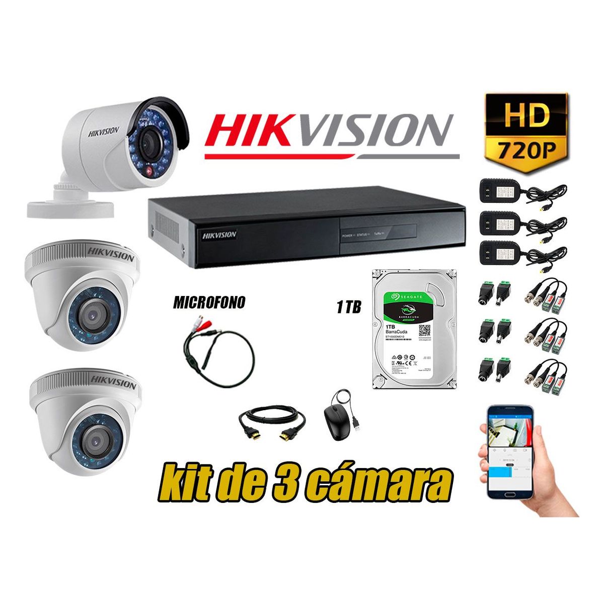 HIKVISION - Kit 3 Cámaras de Seguridad HD 720P 1TB Vigilancia + Kit de Micrófono