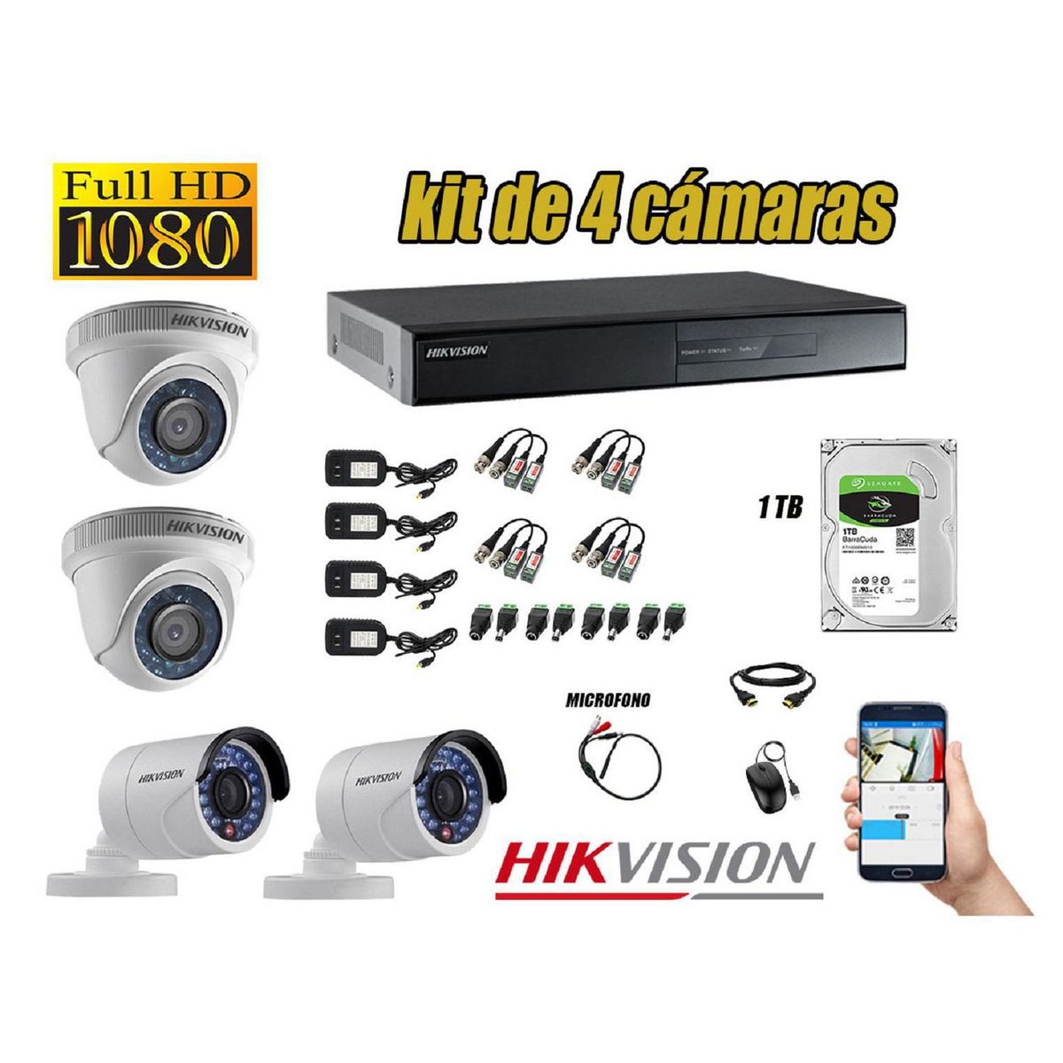 HIKVISION - Kit 4 Cámaras de Seguridad Full HD 1080P 1TB Vigilancia + Kit de Micrófono