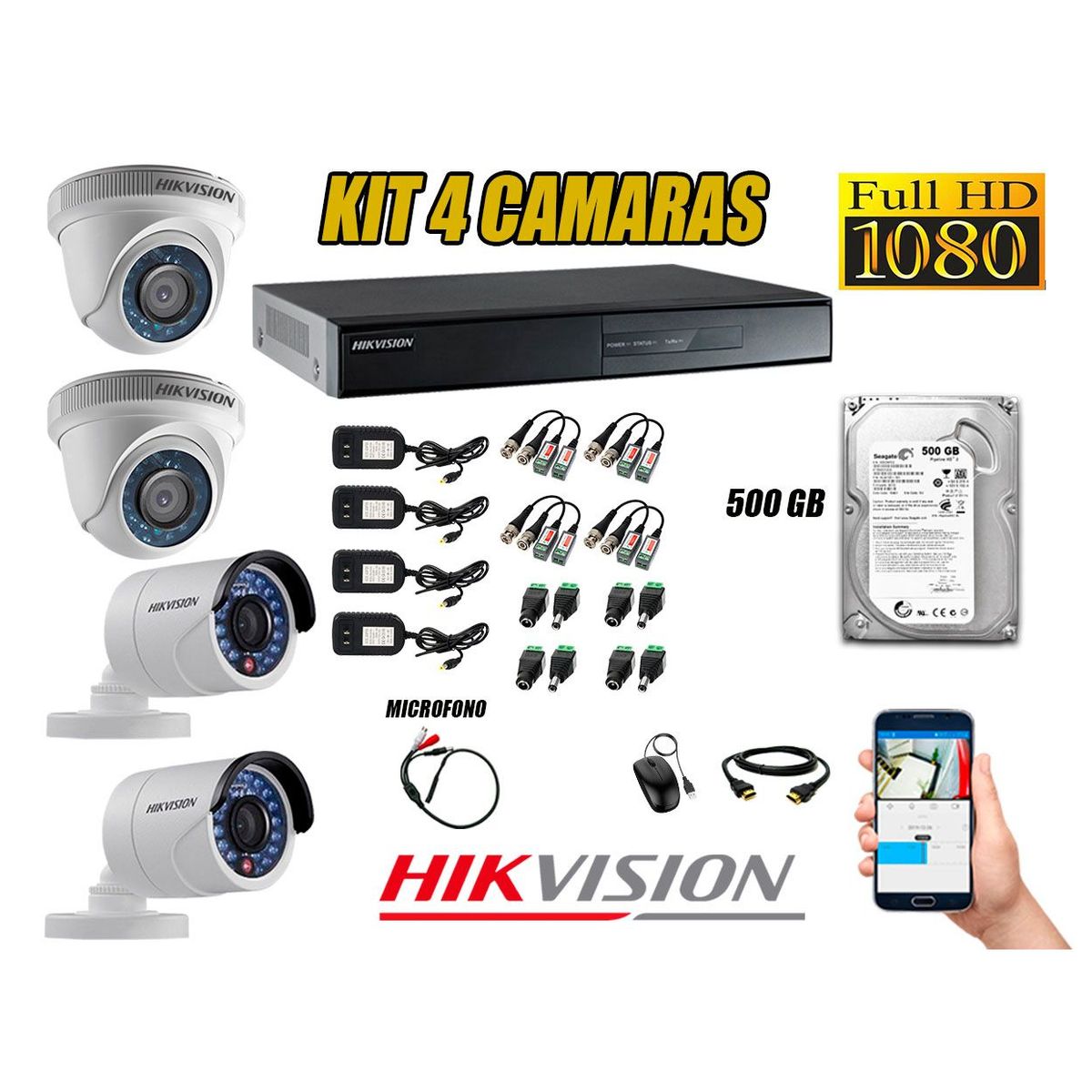 HIKVISION - Kit 4 Cámaras de Seguridad Full HD 1080P 500GB Vigilancia + Kit de Micrófono
