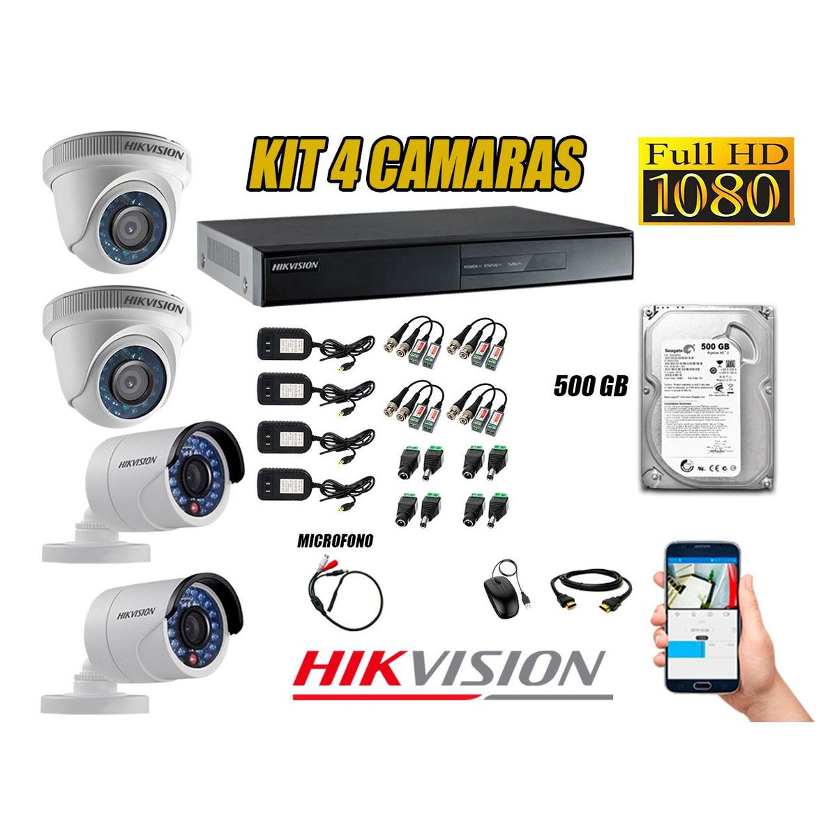 HIKVISION - Kit 4 Cámaras de Seguridad Full HD 1080P 500GB Vigilancia + Kit de Micrófono