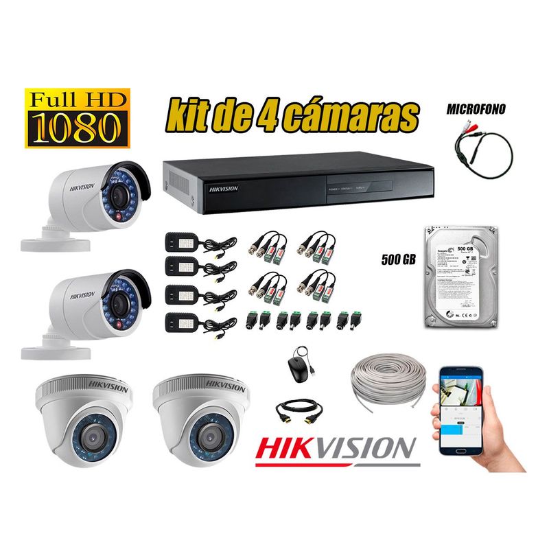 HIKVISION - Kit 4 C?maras de Seguridad Full HD 1080P Disco 500GB Vigilancia + Kit Micr?fono