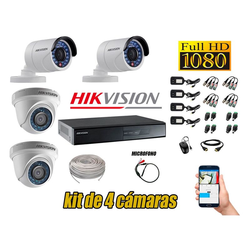 HIKVISION - Kit 4 Cámaras de Seguridad Full HD 1080P P2P Vigilancia + Kit de Micrófono