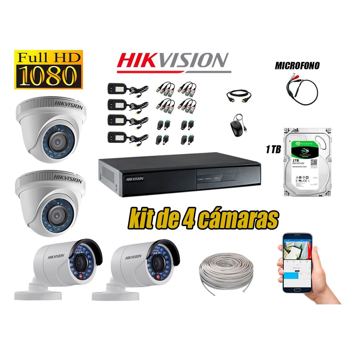 HIKVISION - Kit 4 Cámaras de Seguridad Full HD 1080P Disco 1TB Vigilancia + Kit de Micrófono