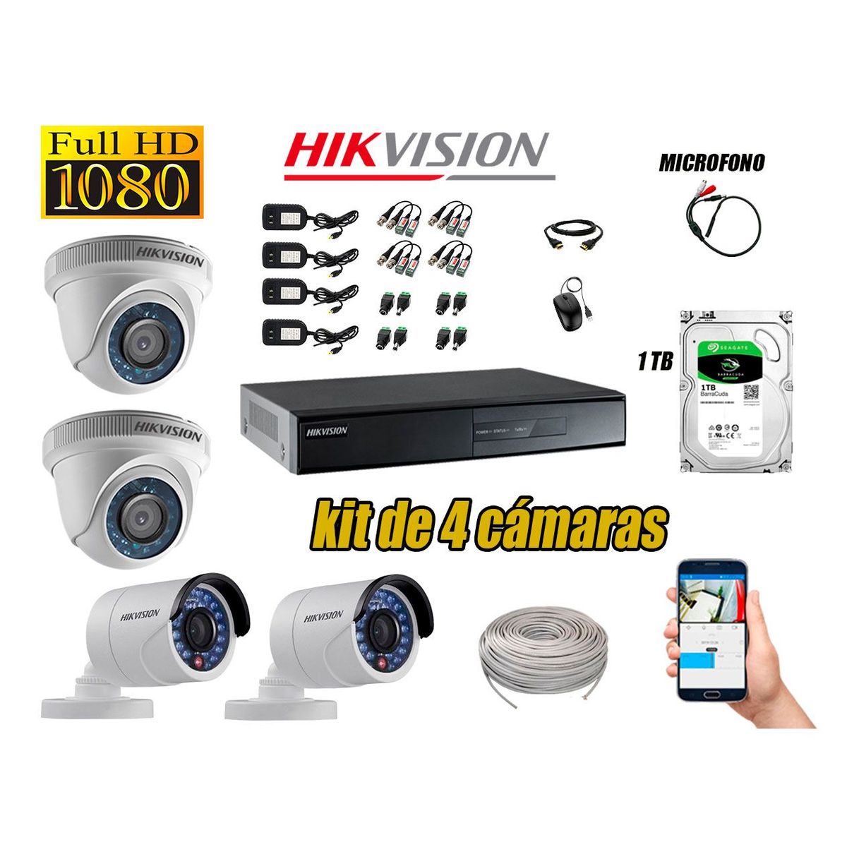 HIKVISION - Kit 4 Cámaras de Seguridad Full HD 1080P Disco 1TB Vigilancia + Kit de Micrófono