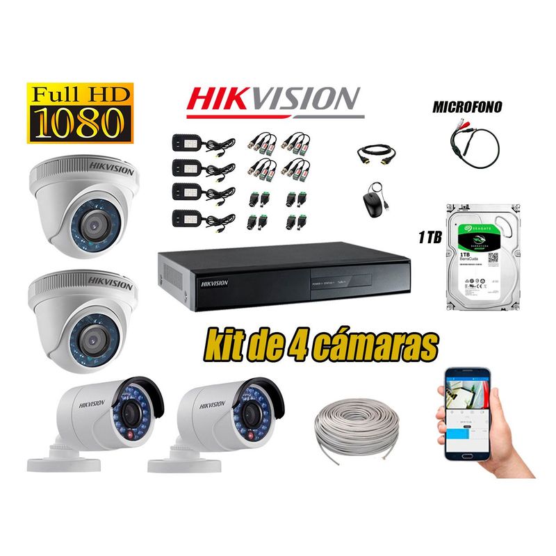 HIKVISION - Kit 4 Cámaras de Seguridad Full HD 1080P Disco 1TB Vigilancia + Kit de Micrófono