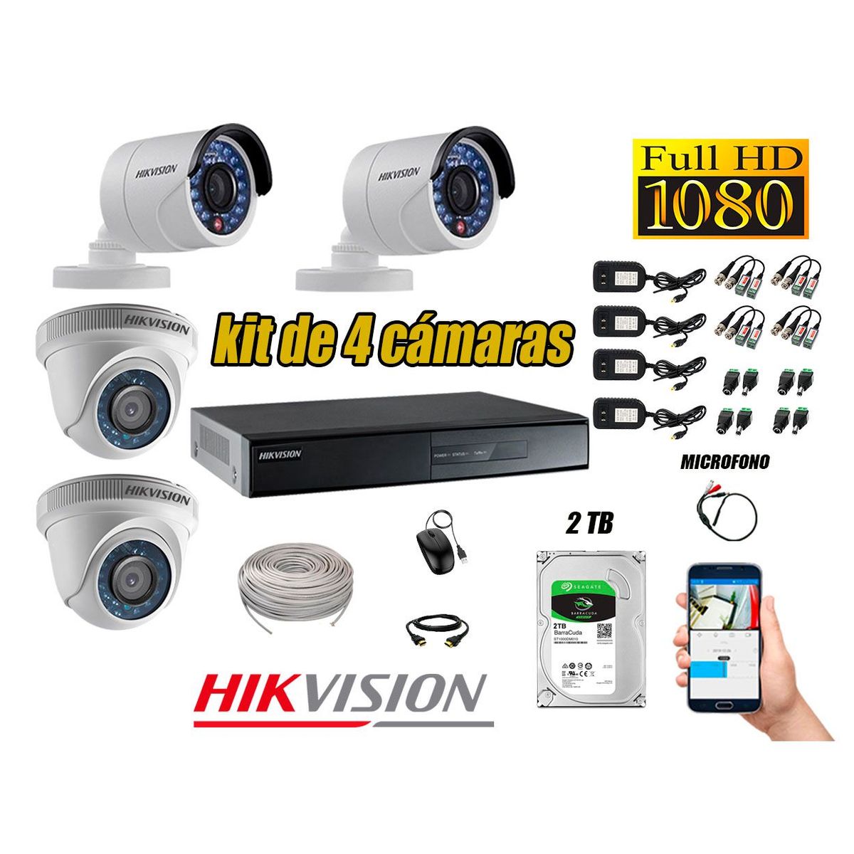 HIKVISION - Kit 4 Cámaras de Seguridad Full HD 1080P 2TB Vigilancia + Kit de Micrófono