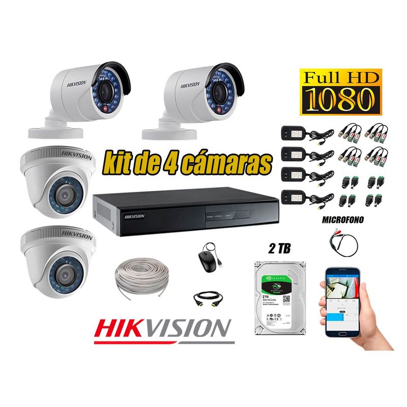 HIKVISION - Kit 4 Cámaras de Seguridad Full HD 1080P 2TB Vigilancia + Kit de Micrófono