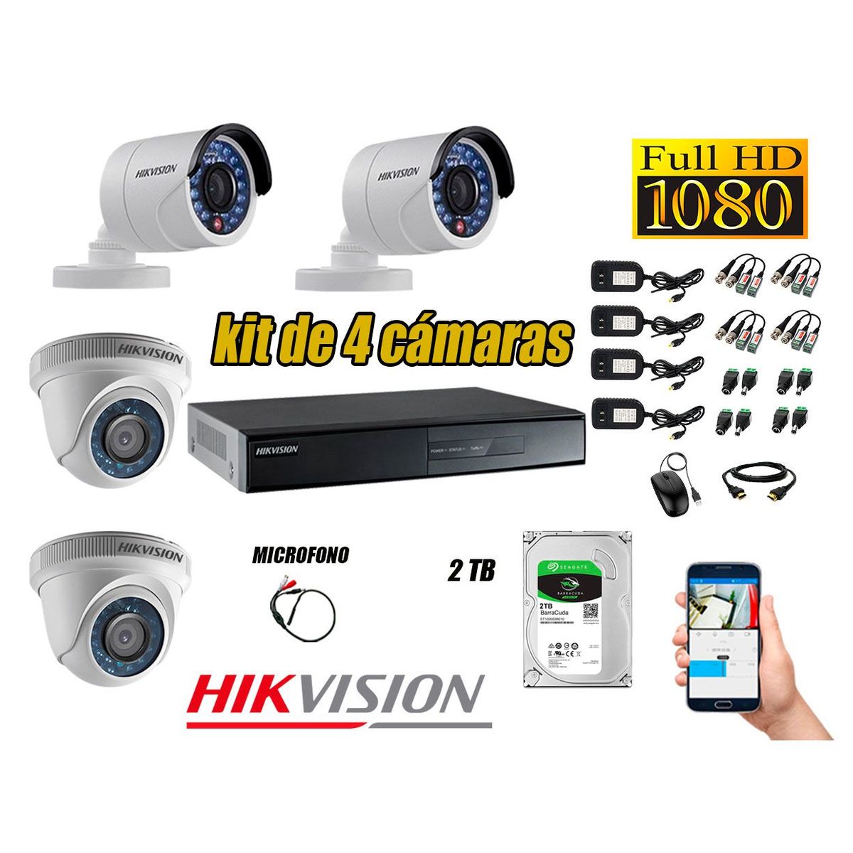 HIKVISION - Kit 4 Cámaras de Seguridad Full HD 1080P Disco 2TB Vigilancia + Kit de Micrófono