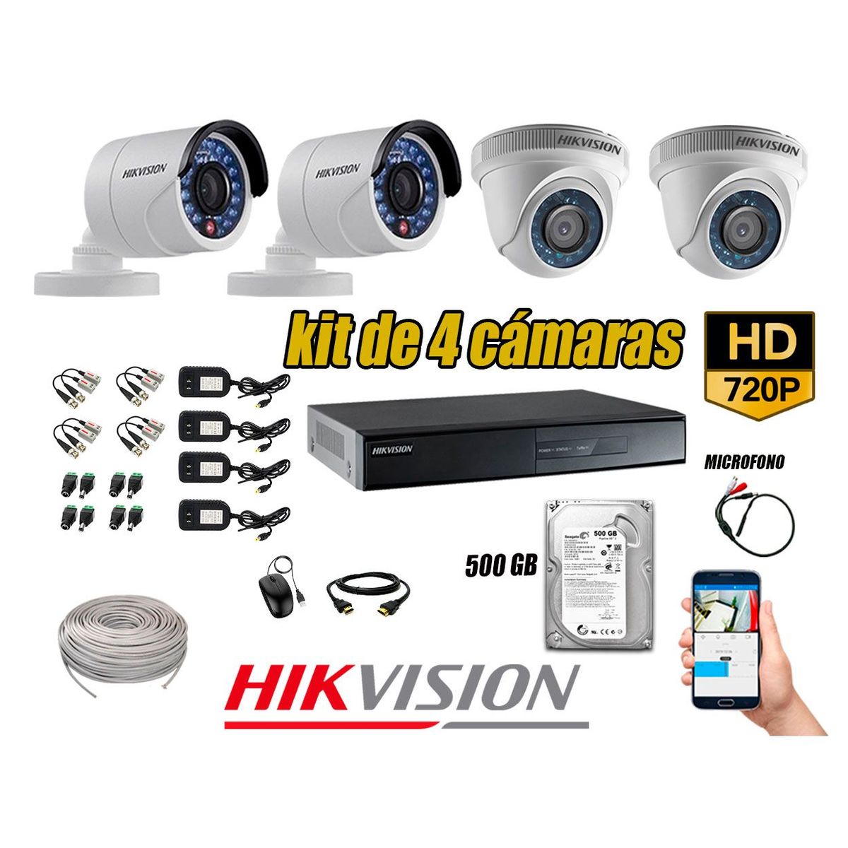 HIKVISION - Kit 4 Cámaras de Seguridad HD 720P Disco 500GB Vigilancia + Kit de Micrófono