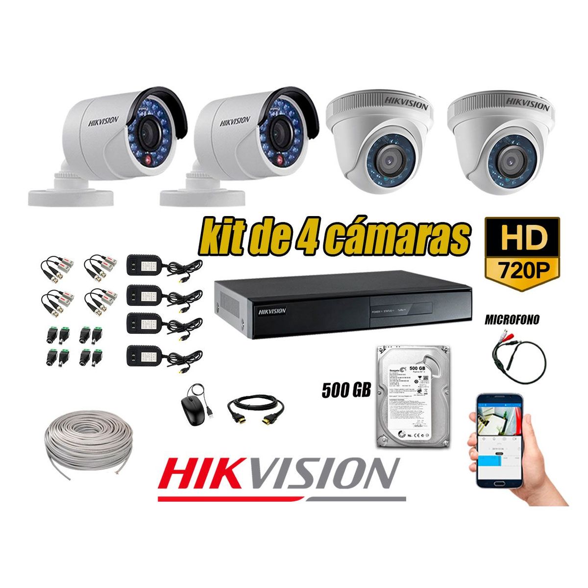 HIKVISION - Kit 4 Cámaras de Seguridad HD 720P Disco 500GB Vigilancia + Kit de Micrófono
