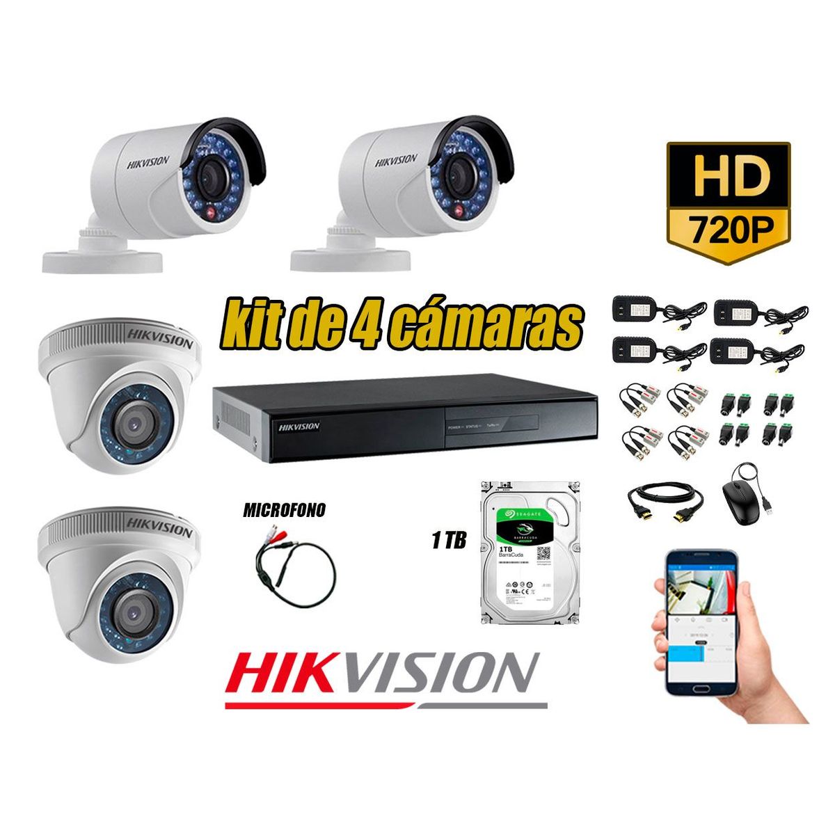 HIKVISION - Kit 4 Cámaras de Seguridad HD 720P 1TB Vigilancia + Kit de Micrófono