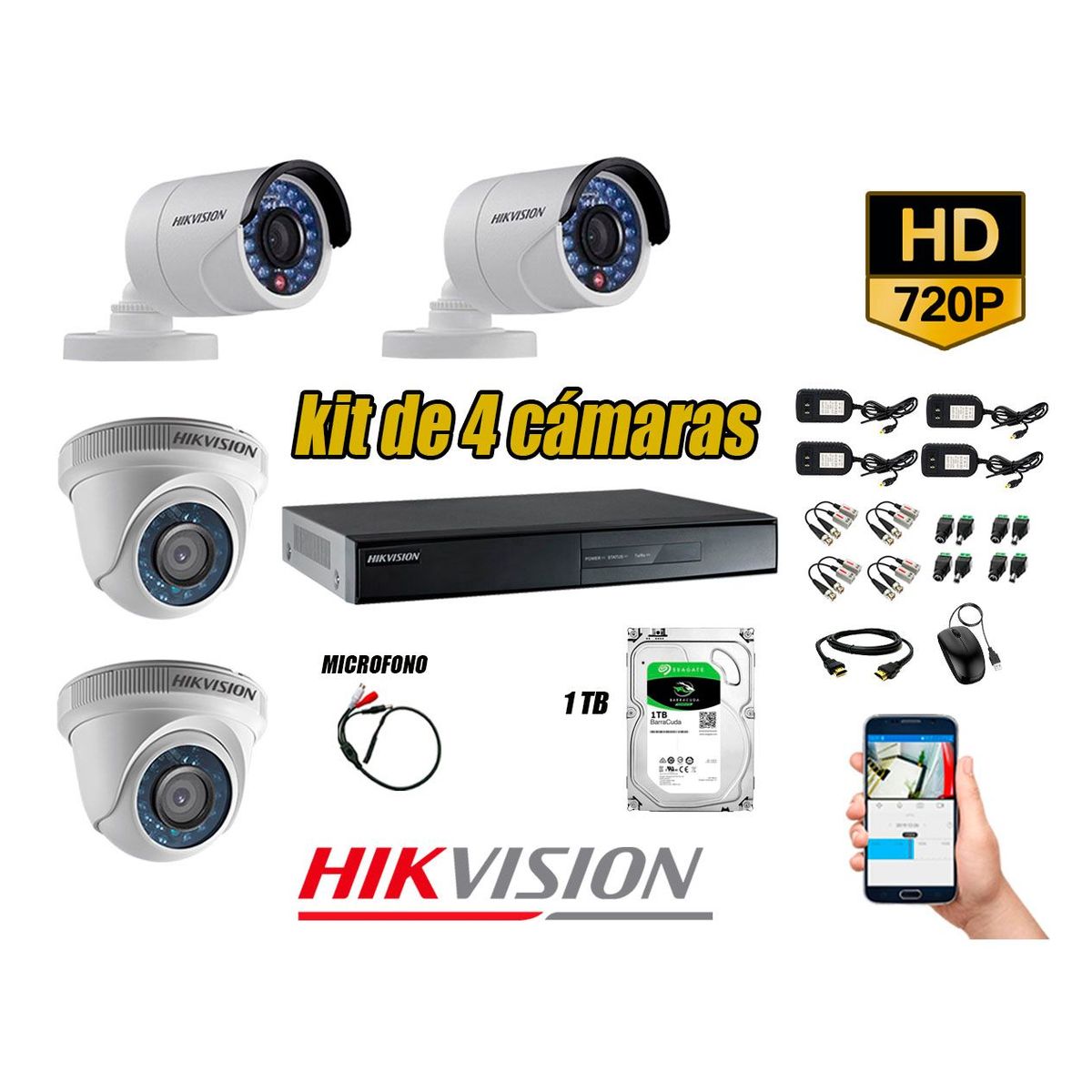 HIKVISION - Kit 4 Cámaras de Seguridad HD 720P 1TB Vigilancia + Kit de Micrófono