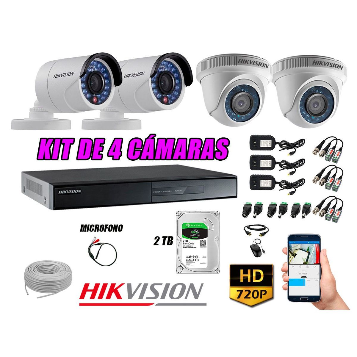 HIKVISION - Kit 4 Cámaras de Seguridad HD 720P Disco 2TB Vigilancia + Kit de Micrófono